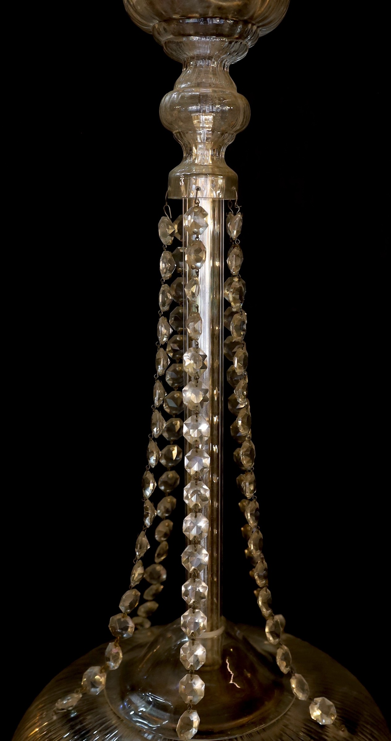 A 1920s-30s English cut glass bag chandelier hung with octagonal beaded drops, drop 76cm